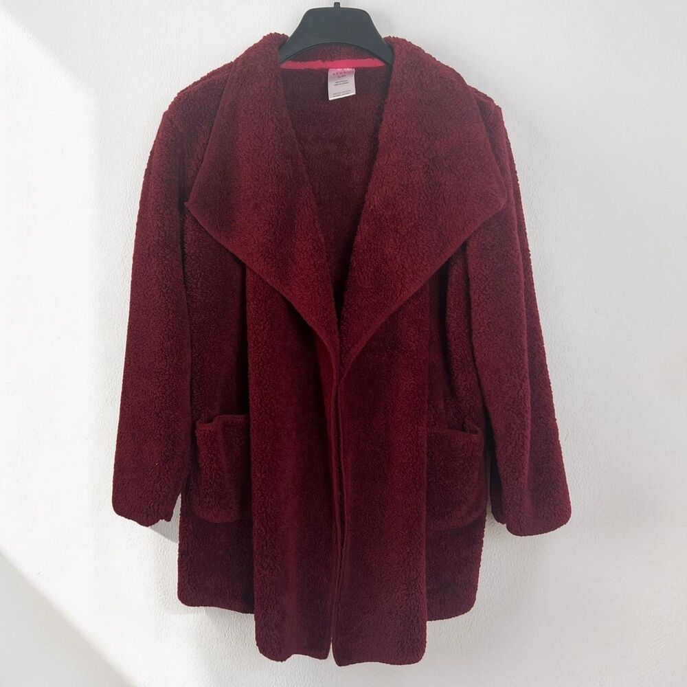 Serra Women Burgundy Teddy Fleece Open Front Cardigan Shawl Collar Pockets S/M